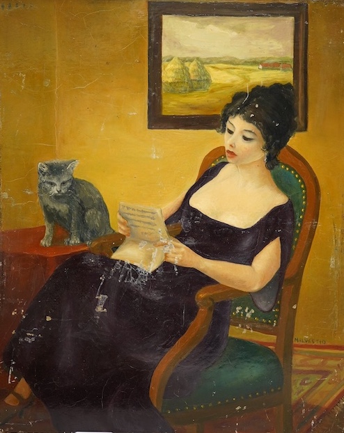 Malvestio, oil on board, Study of a seated woman and cat, signed, 41 x 33cm, unframed. Condition - scuffed